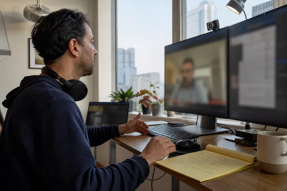 Machine learning engineer on a video call with a recruiter, notes on leveling written on a legal pad