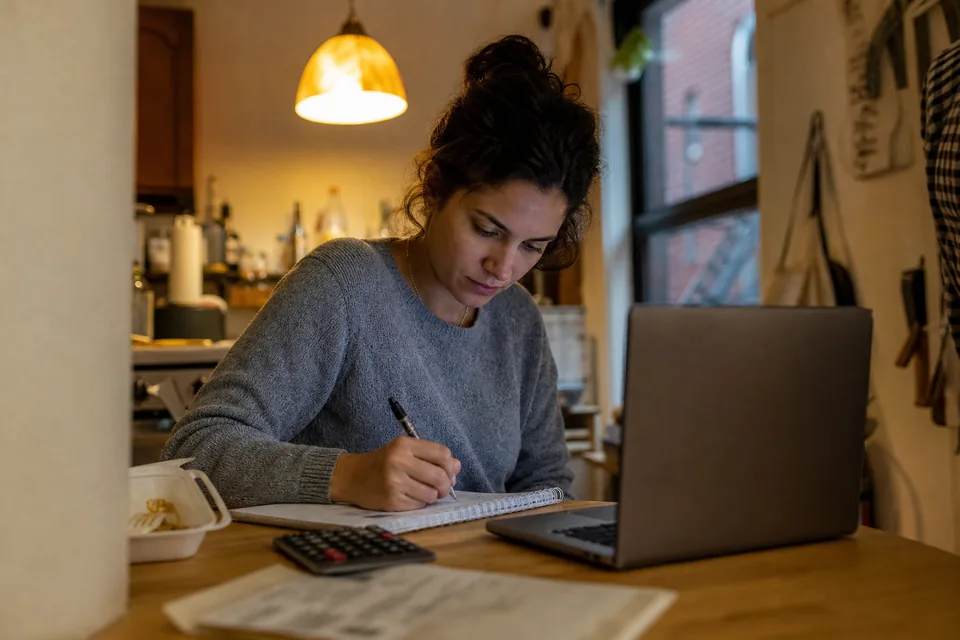 Analyst at a small Brooklyn kitchen table at night working through an offer on a laptop with a calculator and a printed letter