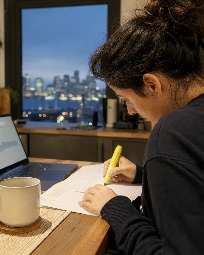 Engineer highlighting figures on a printed job offer at a kitchen table with the Manhattan skyline behind her