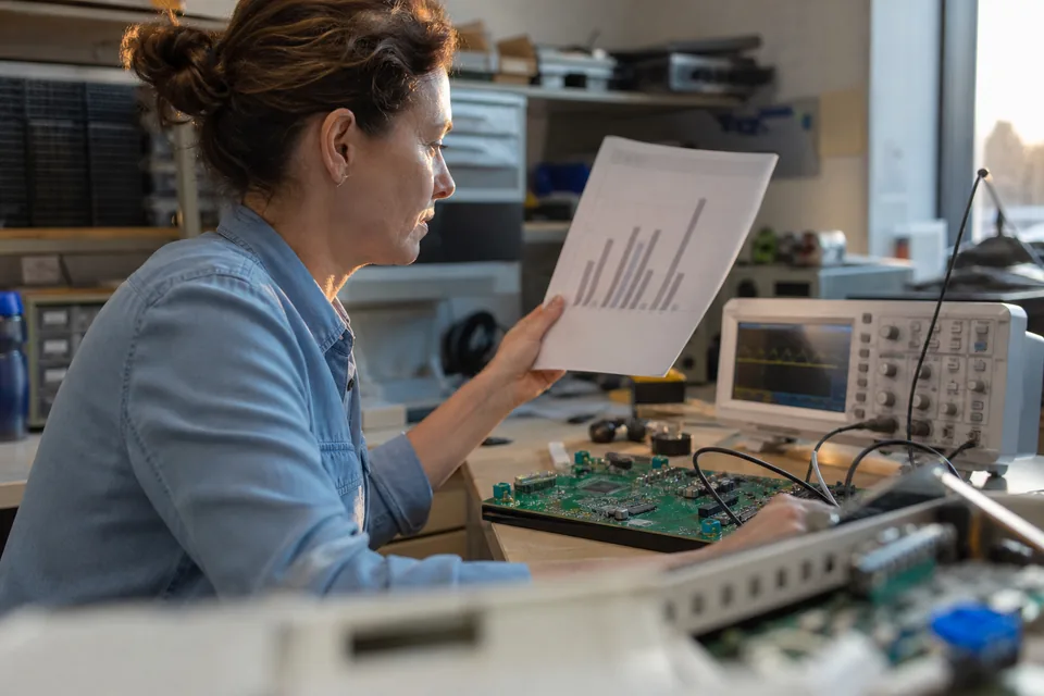 Hardware engineer at a lab bench reviewing a vesting schedule printout beside a circuit board