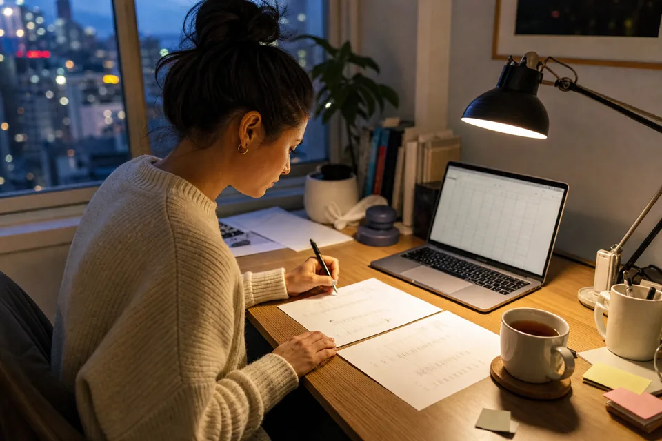 Software engineer at a home desk comparing two printed job offers next to a laptop showing a spreadsheet