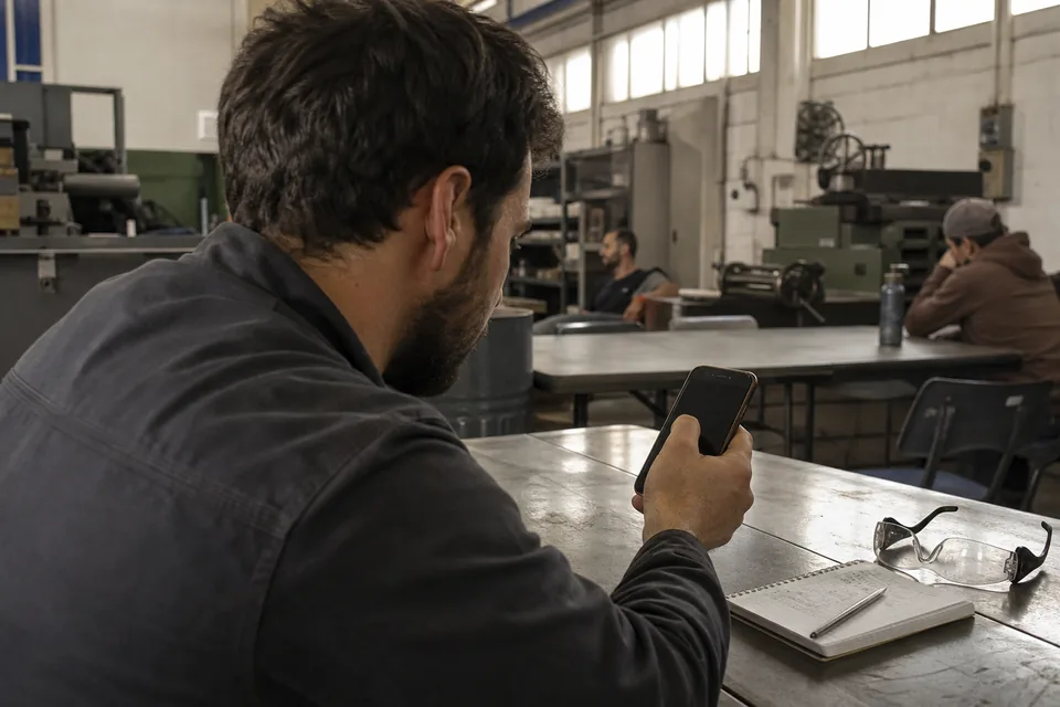 Engineer in a factory break area reading an offer letter on a phone with a notebook of stock math